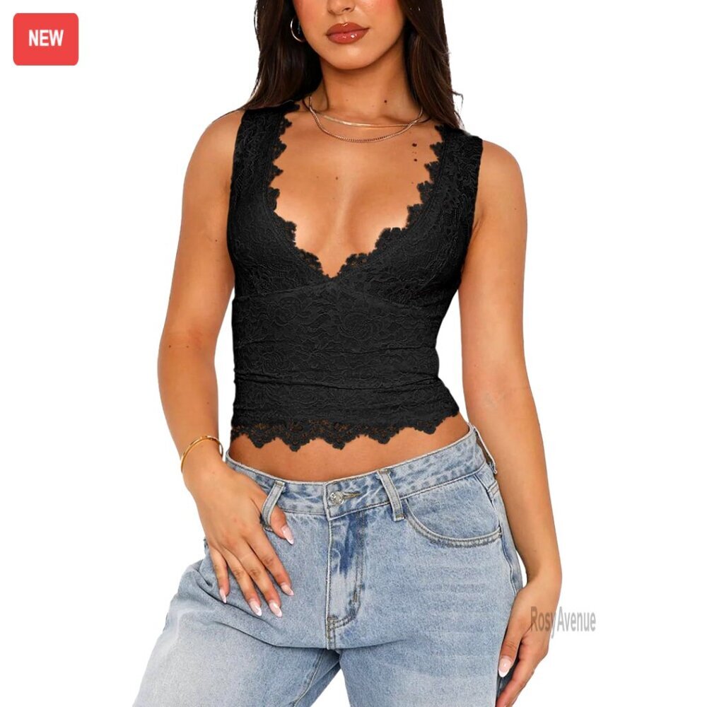 Sexy V-Neck Lace Cropped Tank Top Y2K Trendy Sleeveless Double Lined